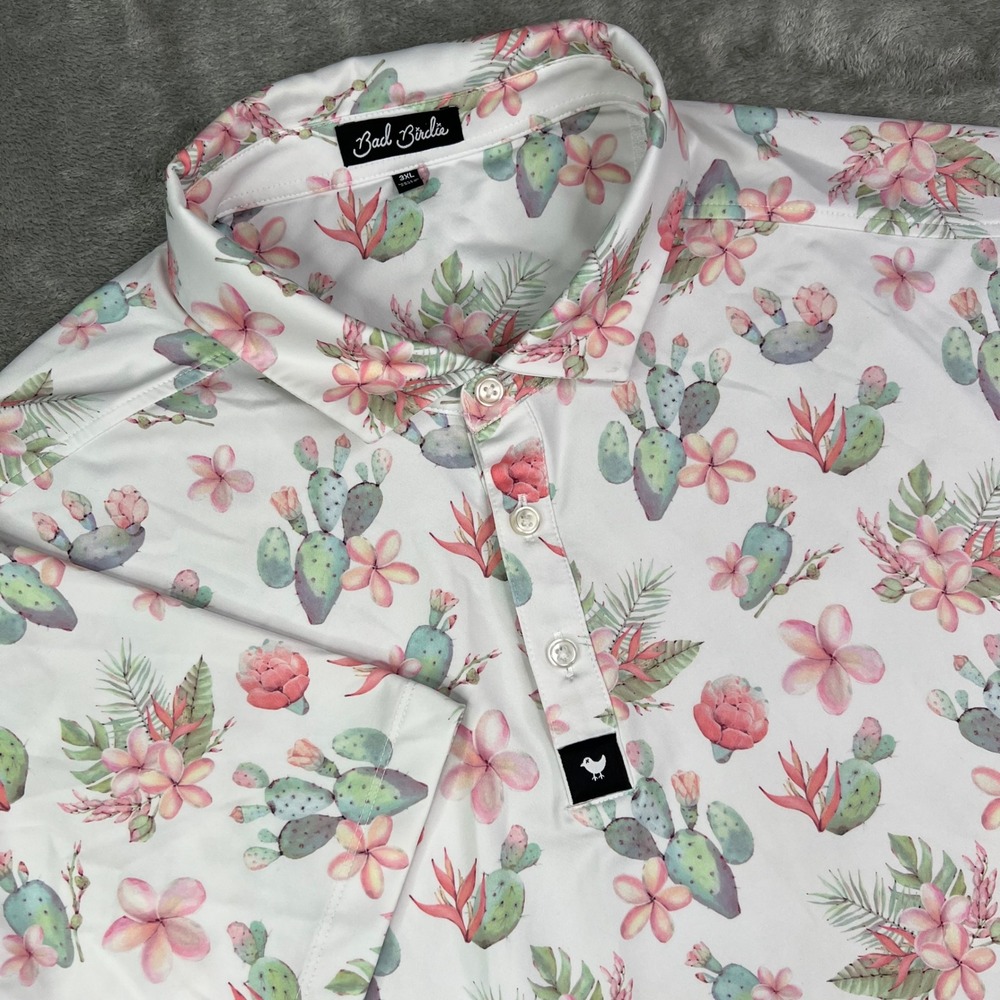 Bad Birdie Golf Polo Shirt Men 3XL White Floral Cactus Print Performance Stretch